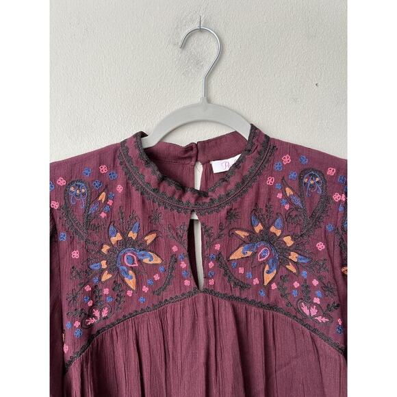 Parker Womens Boho Blouse Embroidered Flare Sleeves Purple High Neck Size M - Picture 7 of 12